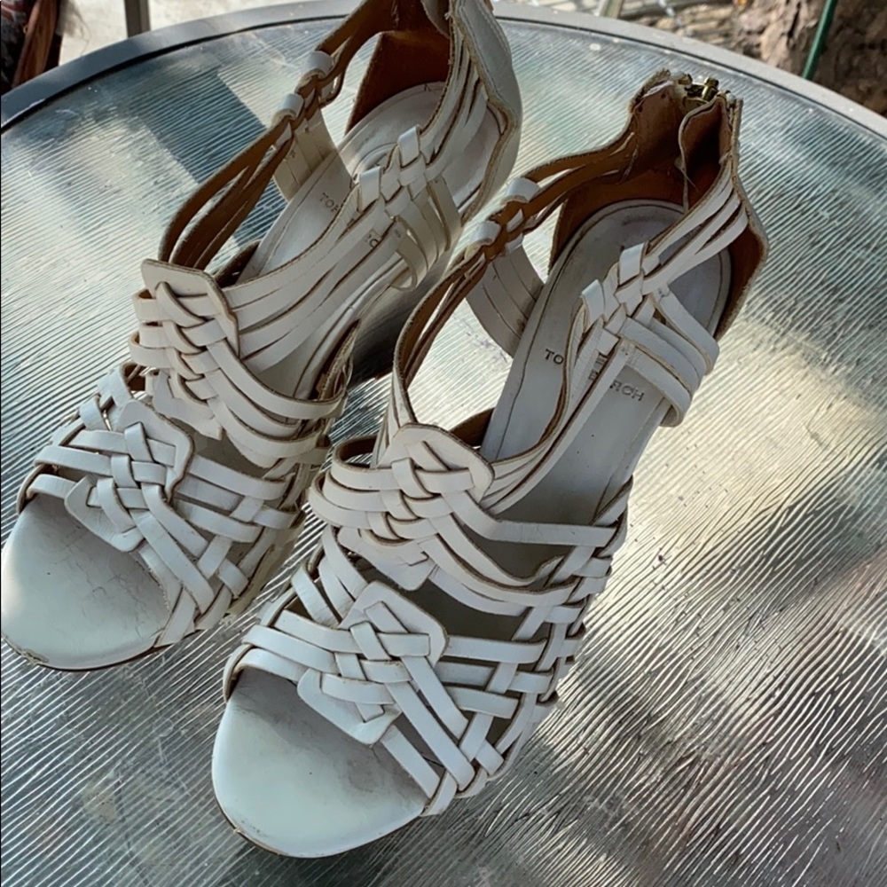 Tory Burch Tevray White Leather Huarache Wedge